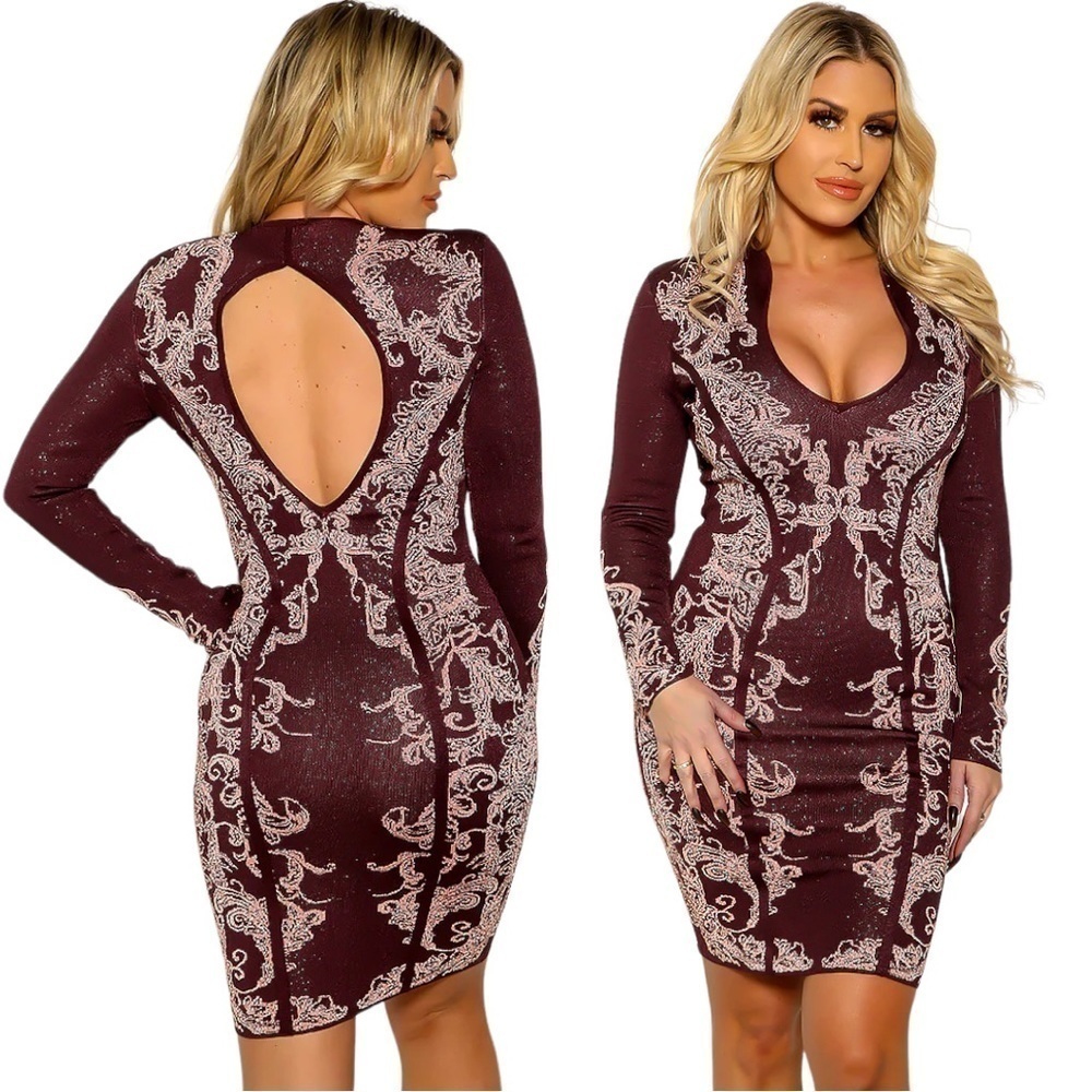 WOW WORLD OF WOMEN FLORAL METALLIC CHERRY CUTOUT LONG SLEEVE BODYCON DRESS